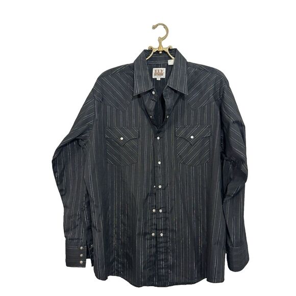 Ely Cattleman Western Shirt Mens Large‎ Black Metallic Striped Pearl Snap Cowboy - Picture 1 of 4